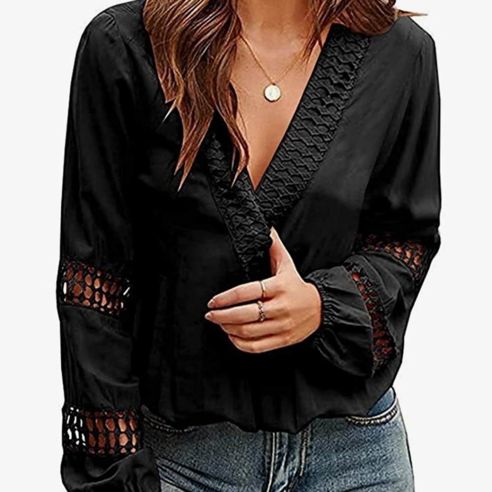 Womens V Neck Lantern Long Sleeve Blouse
